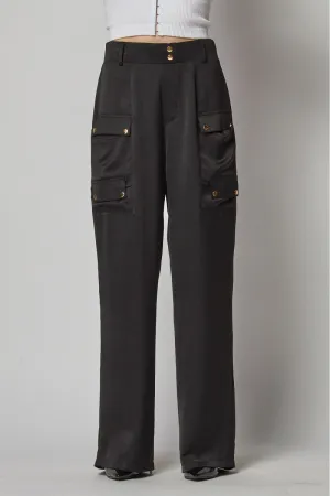 Jazzy Satin Cargo Black Pocket Wide Leg Pants