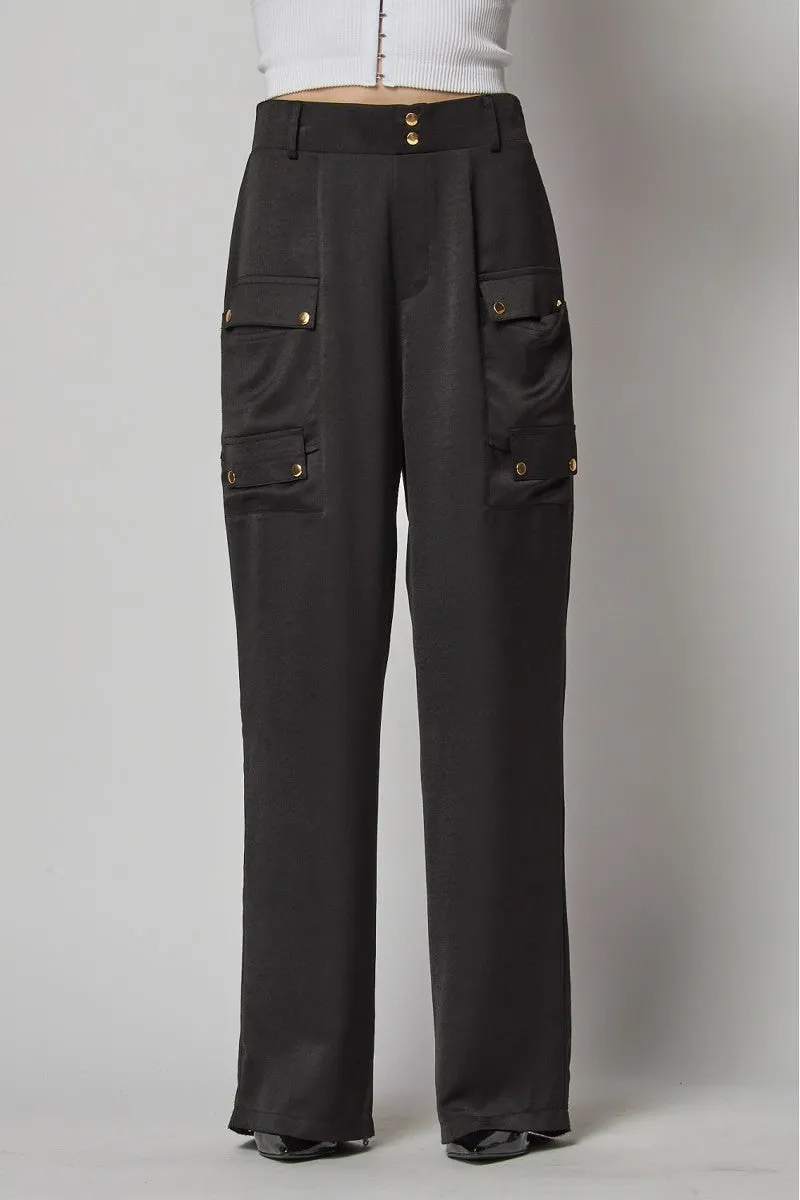 Jazzy Satin Cargo Black Pocket Wide Leg Pants