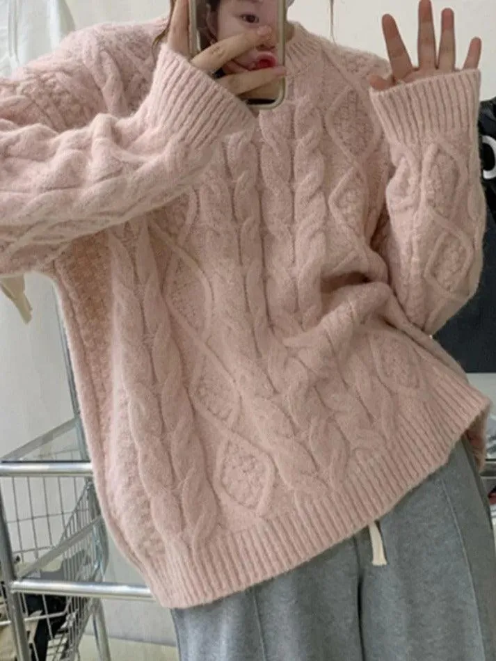 Joskaa Solid Crew Neck Cable Knit Sweater