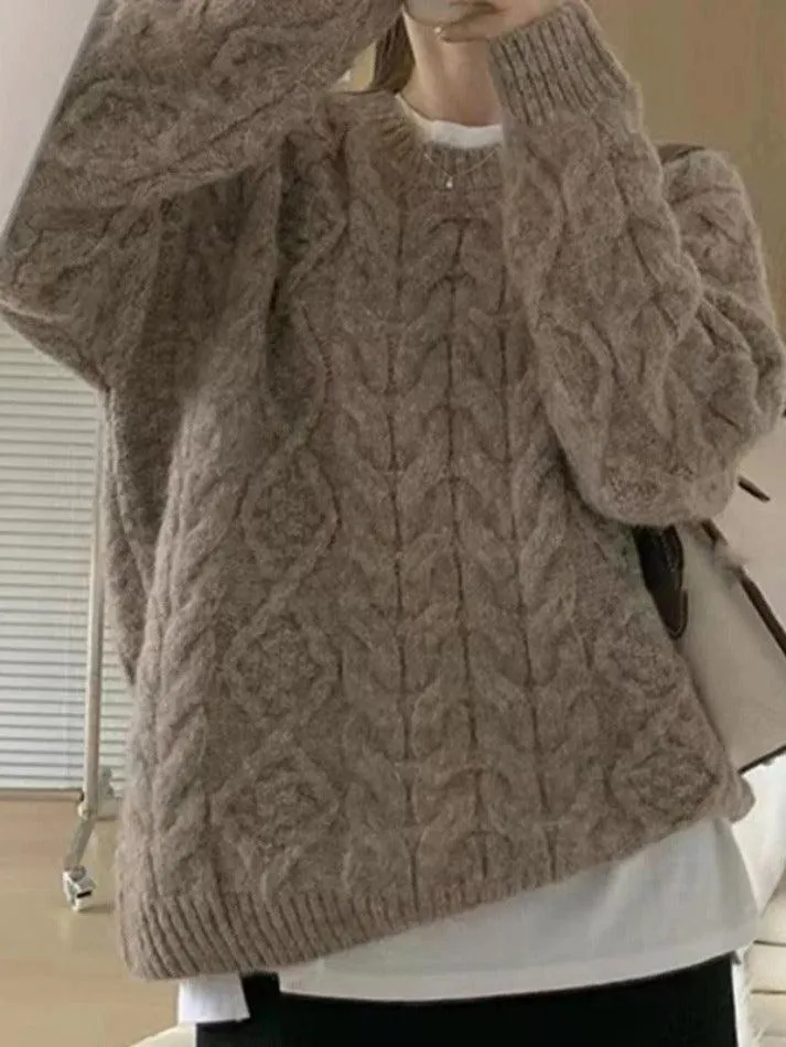Joskaa Solid Crew Neck Cable Knit Sweater