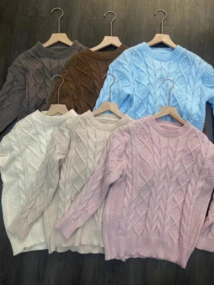Joskaa Solid Crew Neck Cable Knit Sweater