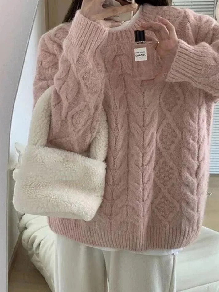Joskaa Solid Crew Neck Cable Knit Sweater