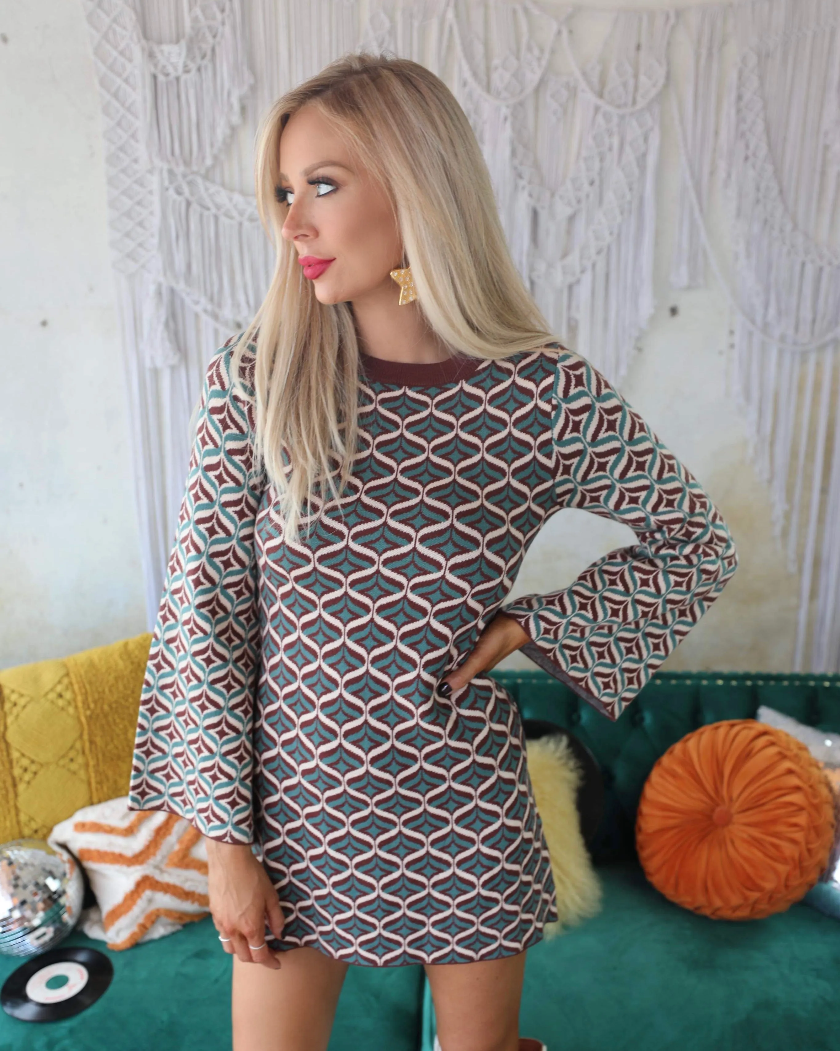 Keep it Groovy Brown and Teal Mini Sweater Dress
