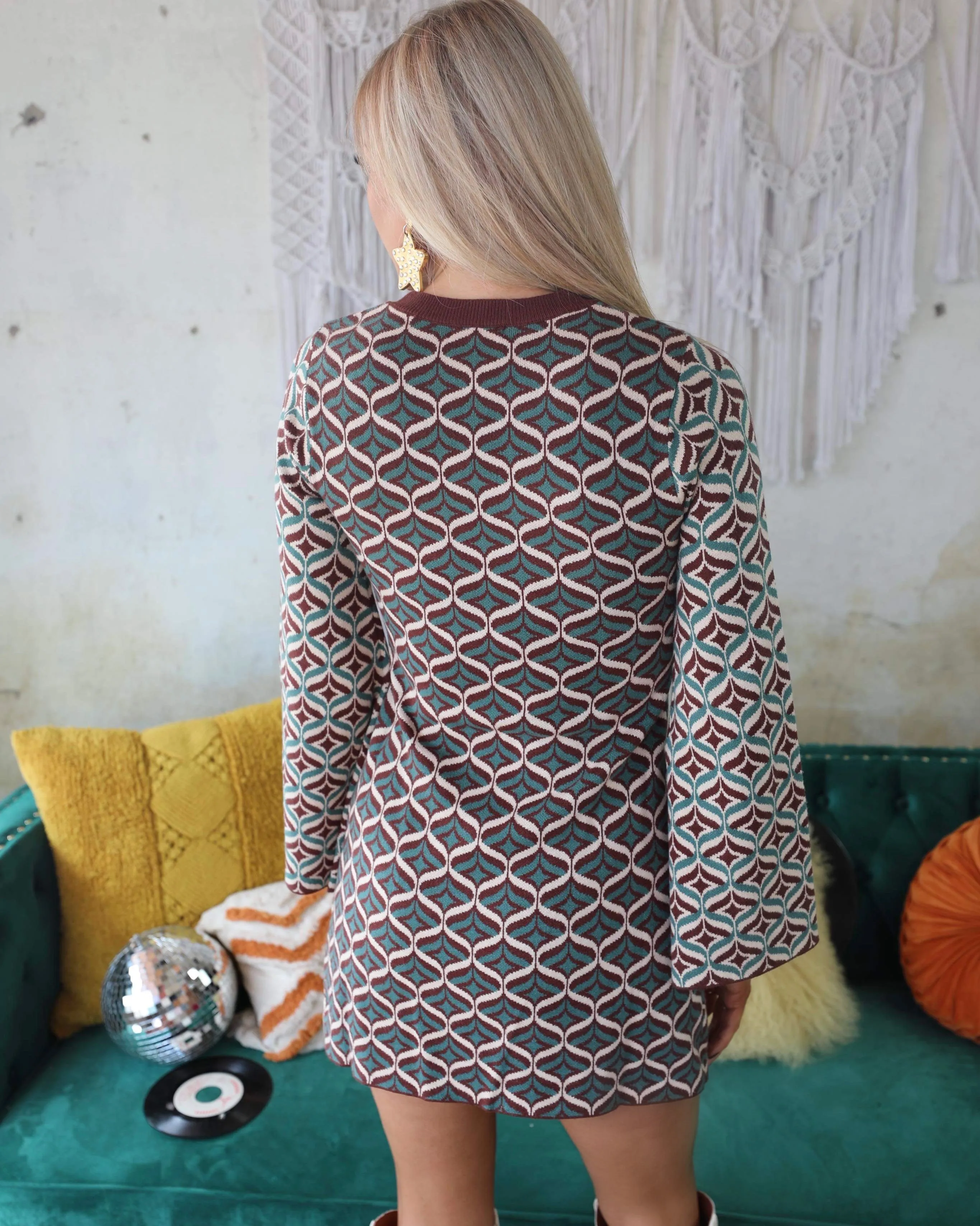 Keep it Groovy Brown and Teal Mini Sweater Dress