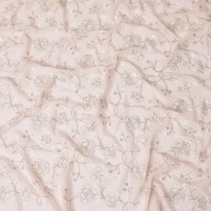 Light salmon peach synthetic georgette fabric with same tone and gold embroidery in floral design-D15821