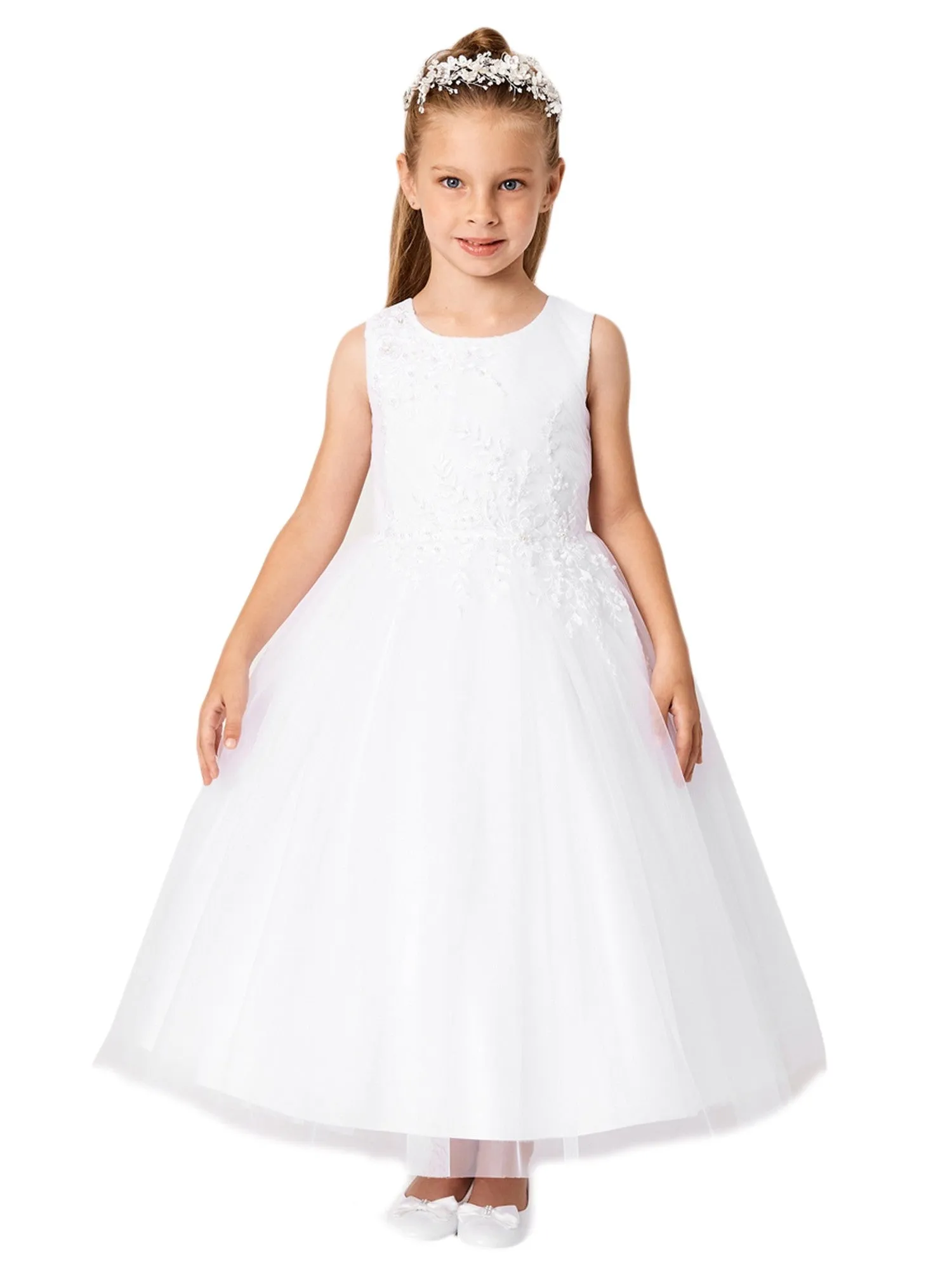 Little Girls Ivory Pleated Bodice Floral Applique Flower Girl Dress 2-6