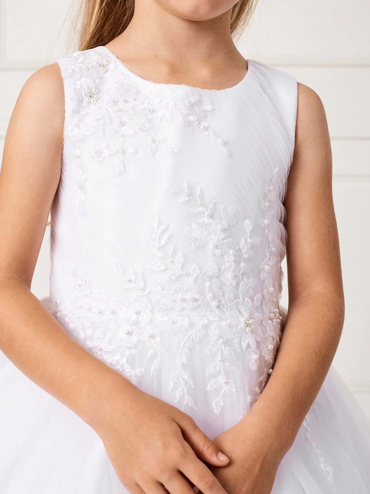 Little Girls Ivory Pleated Bodice Floral Applique Flower Girl Dress 2-6
