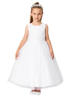 Little Girls Ivory Pleated Bodice Floral Applique Flower Girl Dress 2-6