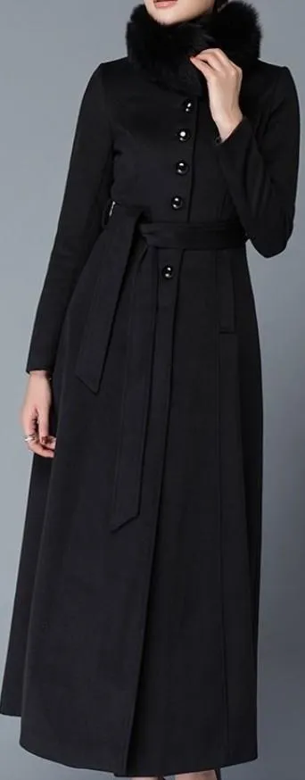 Long Single-Breasted Fur-Collar Wool Coat