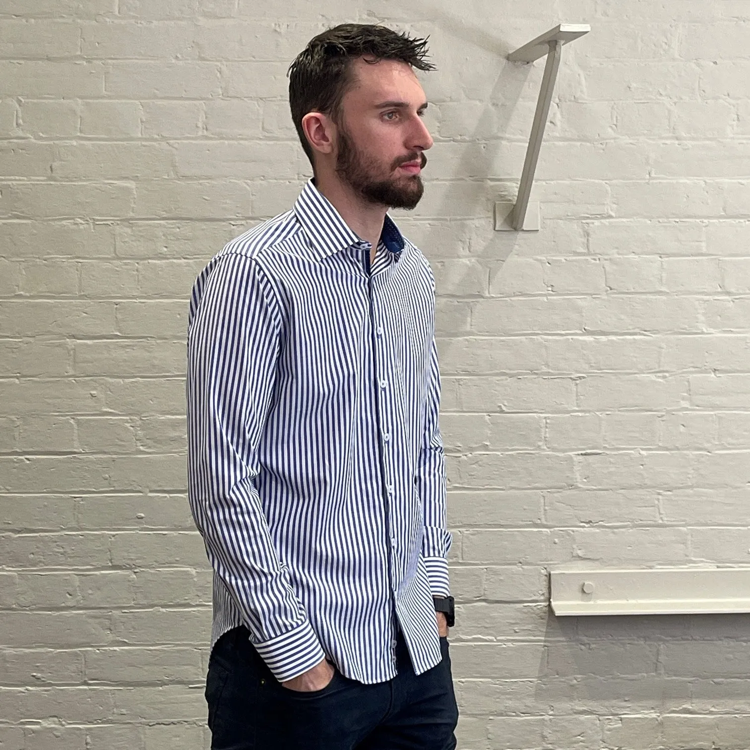 Long Sleeve Business Shirt - Stripe - Blue & White