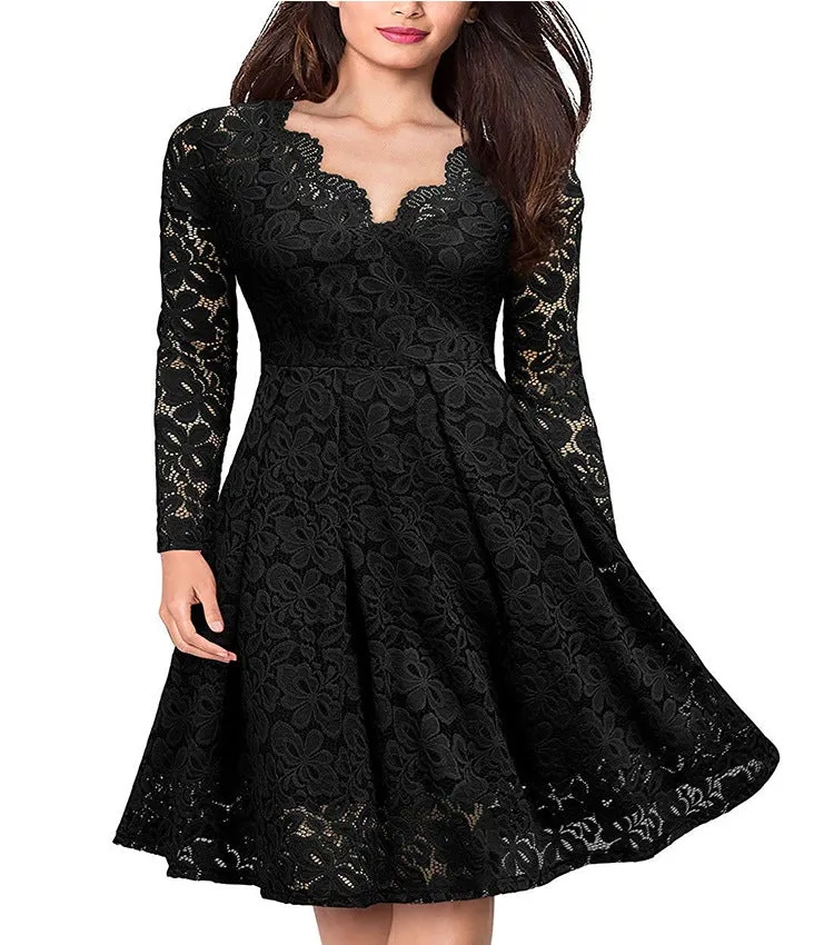 Long sleeves v neck lace dress A line flare mini dress | Fall winter evening gowns party dress