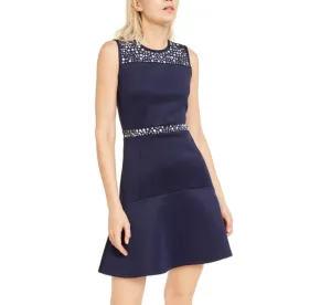 MICHAEL KORS Women's Navy Embellished Fit and Flare Mini Dress