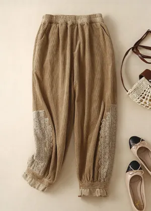 Modern Khaki Pockets Lace Patchwork Elastic Waist Corduroy Pants Summer LY4521
