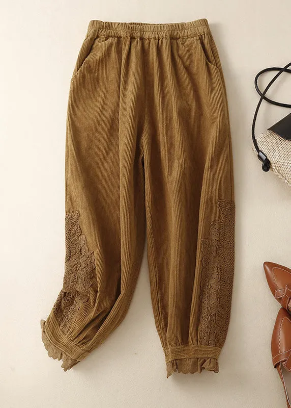 Modern Khaki Pockets Lace Patchwork Elastic Waist Corduroy Pants Summer LY4521