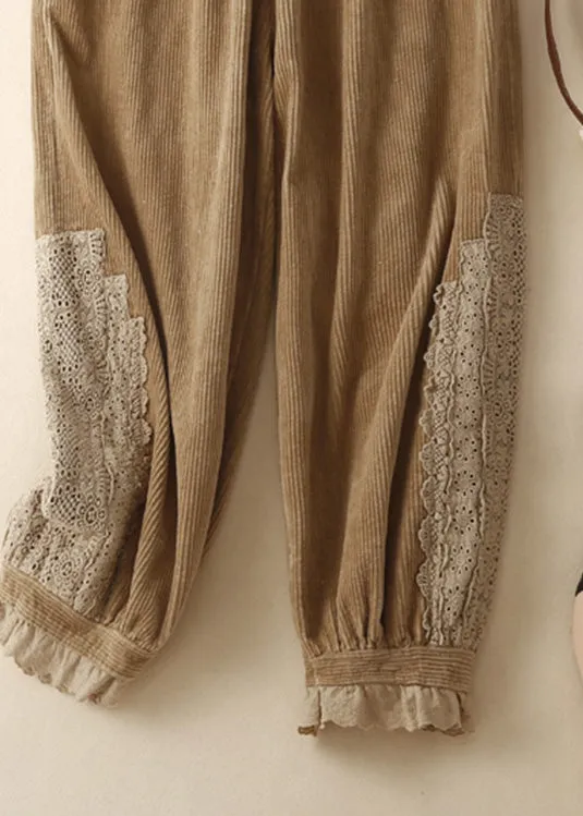 Modern Khaki Pockets Lace Patchwork Elastic Waist Corduroy Pants Summer LY4521