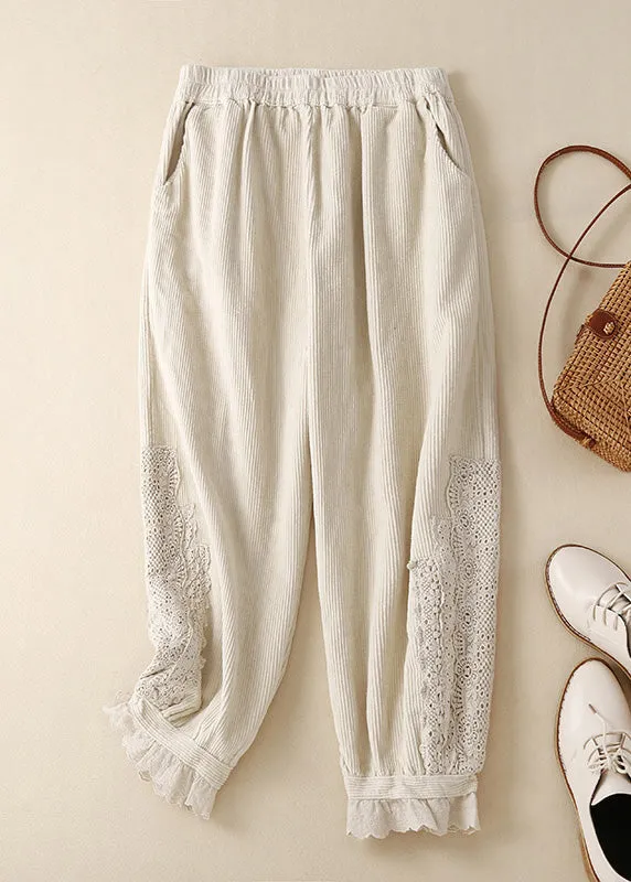 Modern Khaki Pockets Lace Patchwork Elastic Waist Corduroy Pants Summer LY4521