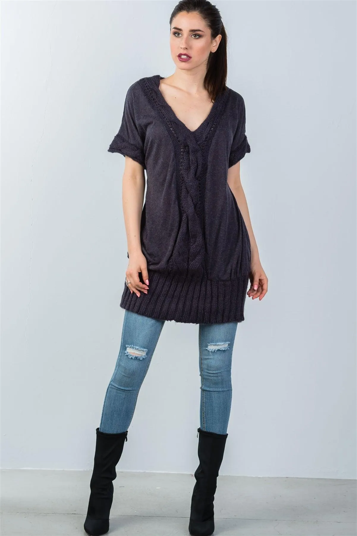 Navy Center Cable Knit Pattern Tunic Sweater / 4-4
