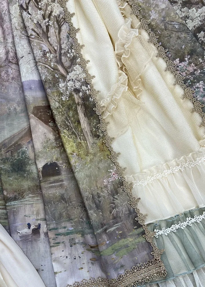 Oil Painting Print Green Layered Ruffle Hemline Lolita Skirt