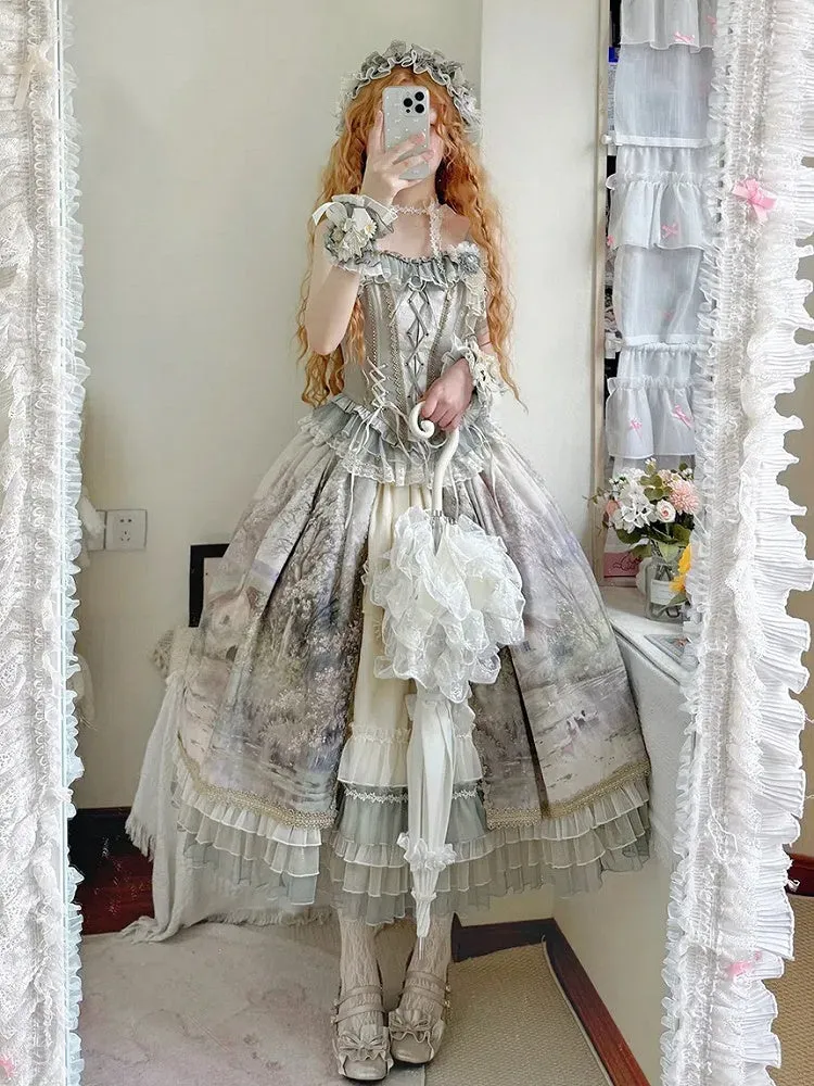 Oil Painting Print Green Layered Ruffle Hemline Lolita Skirt