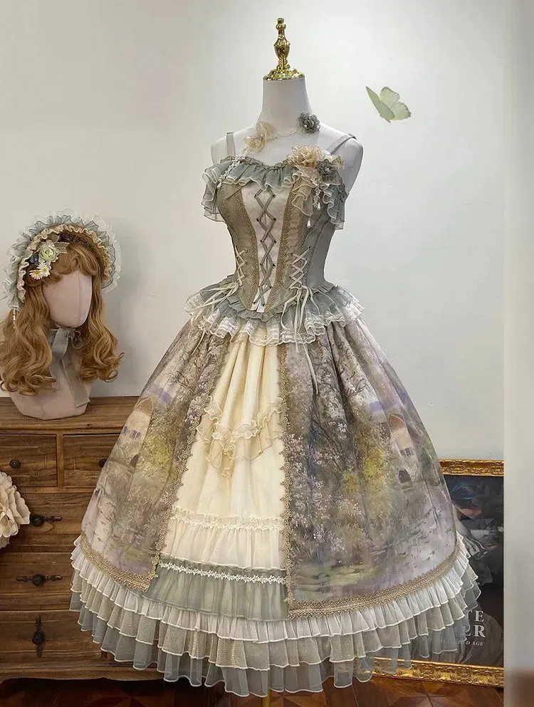 Oil Painting Print Green Layered Ruffle Hemline Lolita Skirt