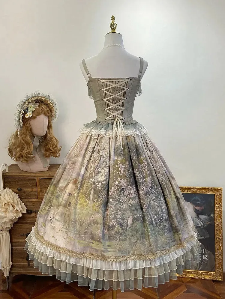 Oil Painting Print Green Layered Ruffle Hemline Lolita Skirt