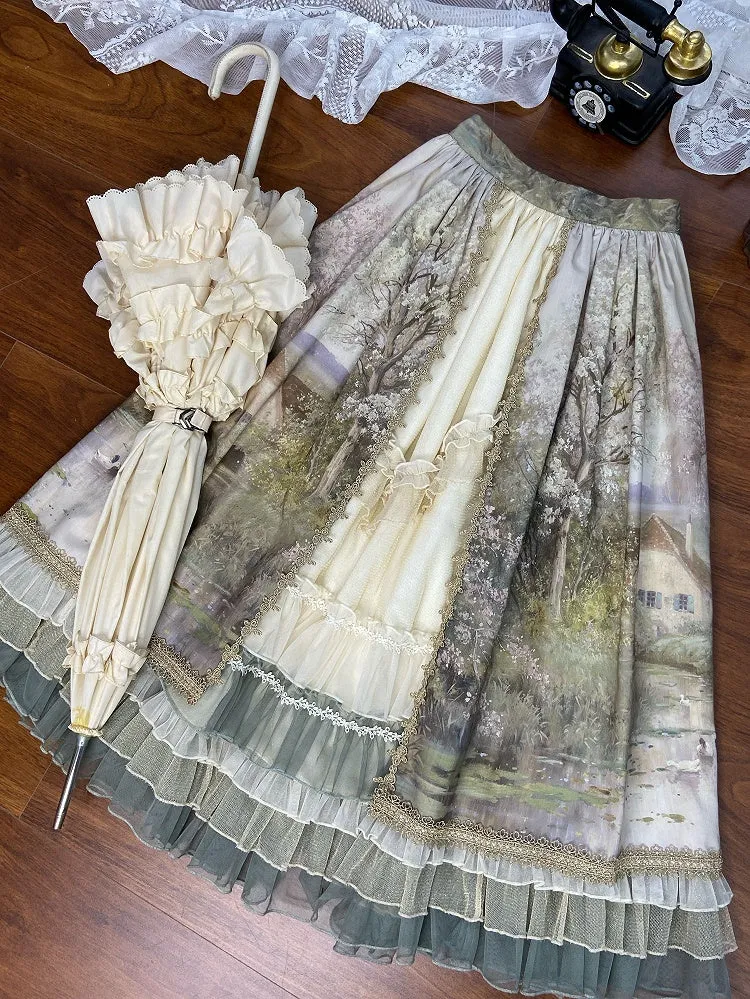 Oil Painting Print Green Layered Ruffle Hemline Lolita Skirt