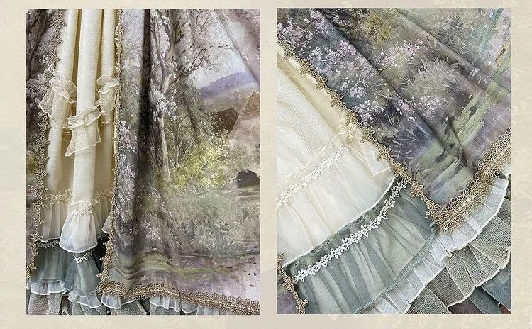 Oil Painting Print Green Layered Ruffle Hemline Lolita Skirt
