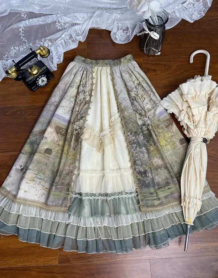 Oil Painting Print Green Layered Ruffle Hemline Lolita Skirt