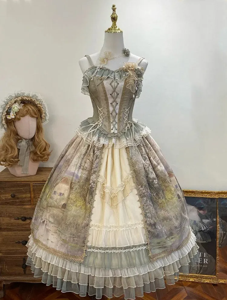 Oil Painting Print Green Layered Ruffle Hemline Lolita Skirt