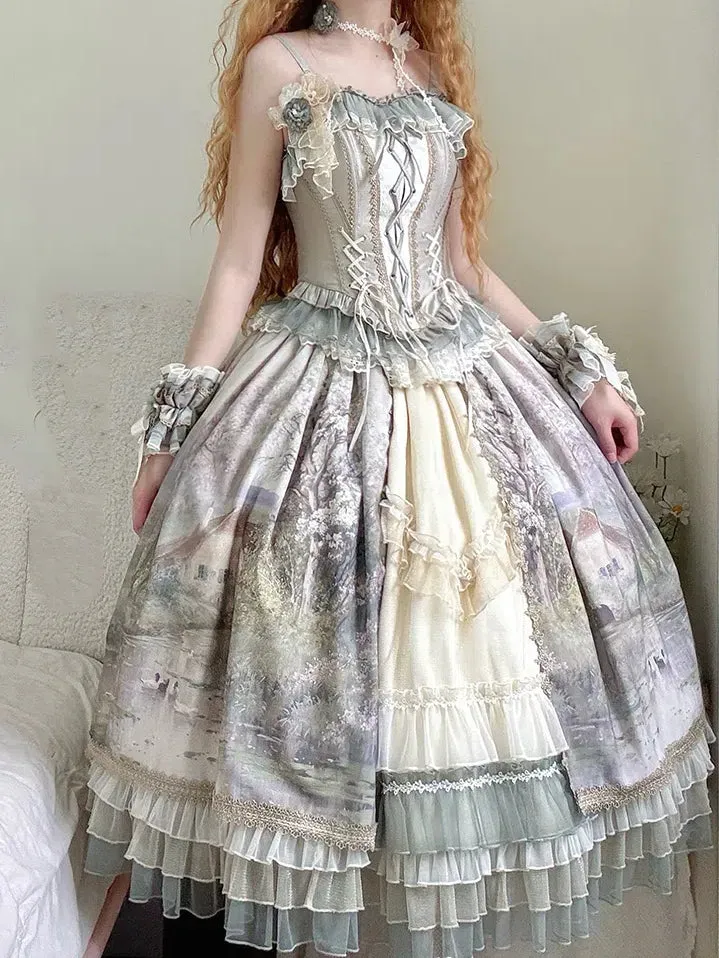 Oil Painting Print Green Layered Ruffle Hemline Lolita Skirt