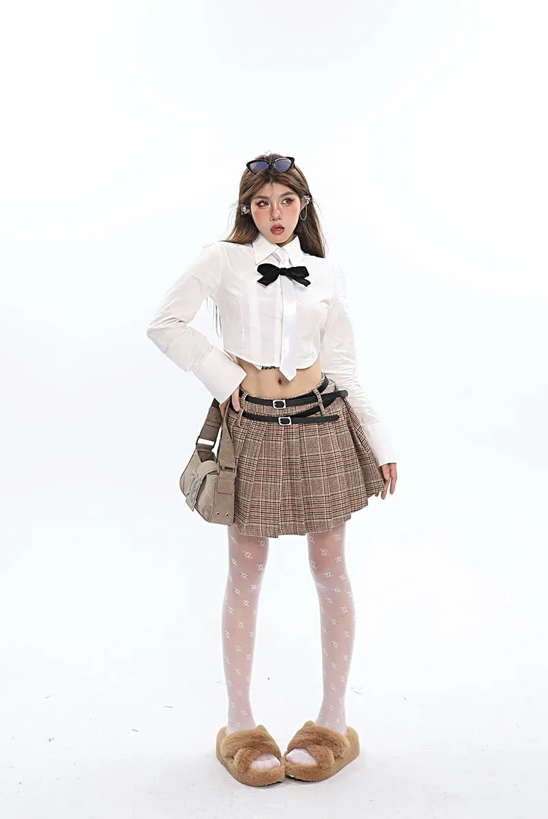 Paisley Plaid Khaki Double Black Mini Belts Pleated Mini Skirt