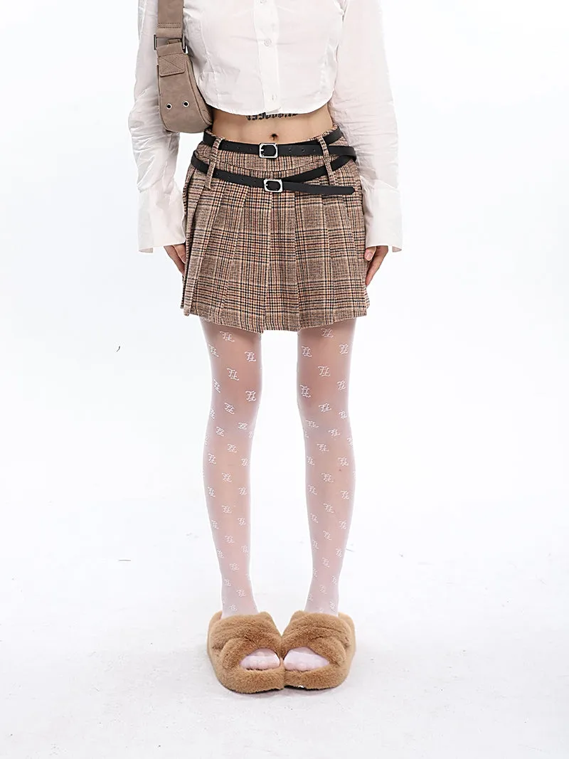 Paisley Plaid Khaki Double Black Mini Belts Pleated Mini Skirt
