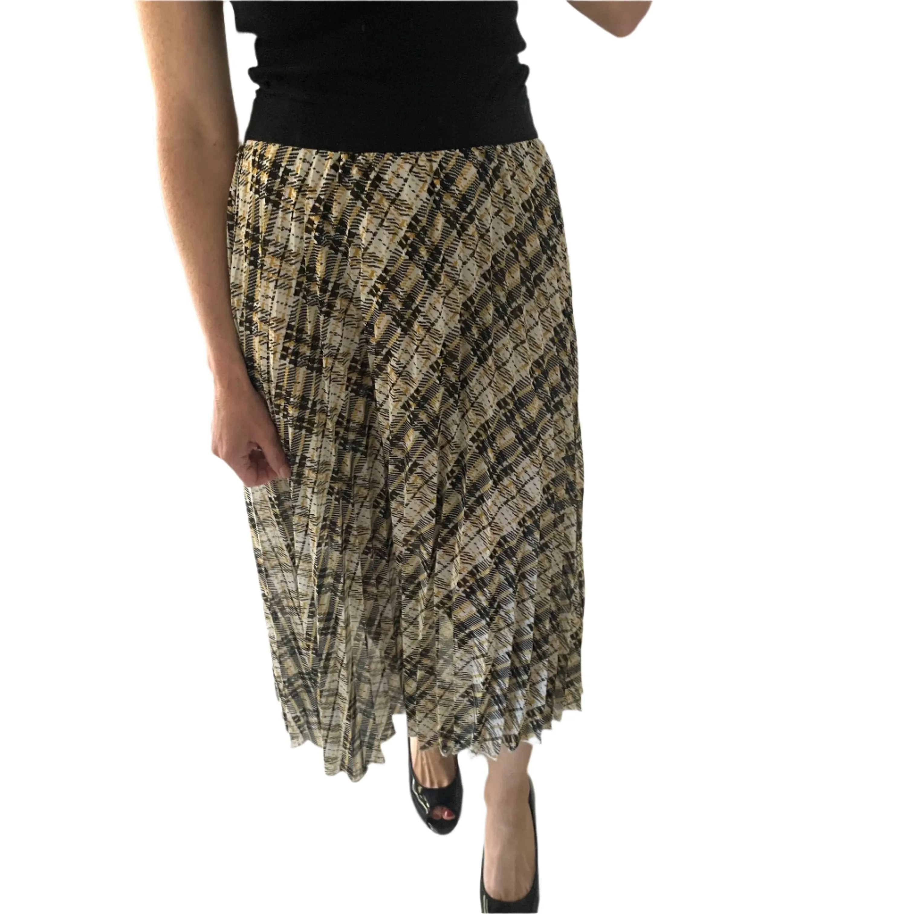 Piper Size 12 Pleated Midi Skirt RRP $99 BlackYellow Check Work Business Races