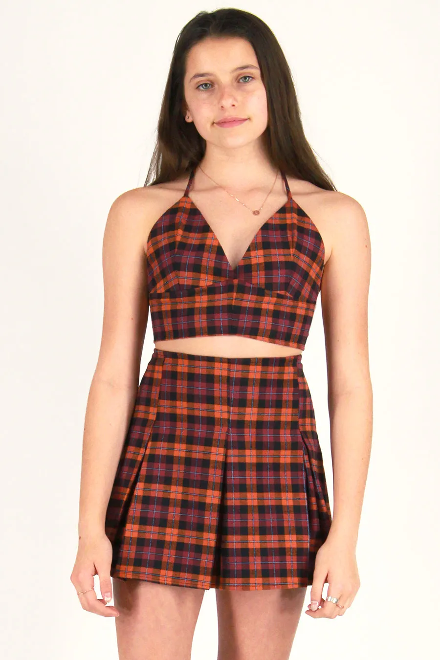 Pleated Skirt - Flannel Orange and Purple Plaid