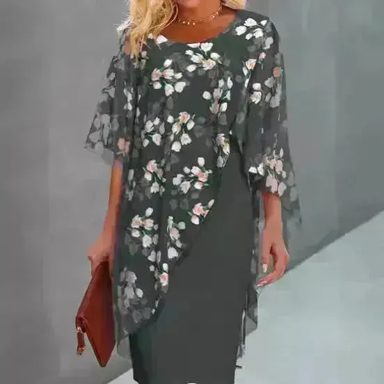 Printed  Floral Chiffon Fashion Straight Cut Modest  Dress