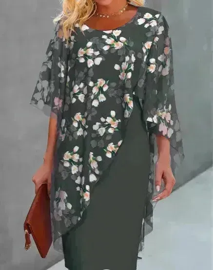 Printed  Floral Chiffon Fashion Straight Cut Modest  Dress