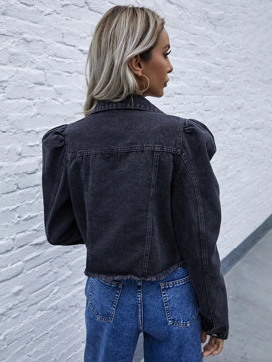 Puff Sleeve Crop Denim Jackets - Female Outwear Casual Denim Jackets