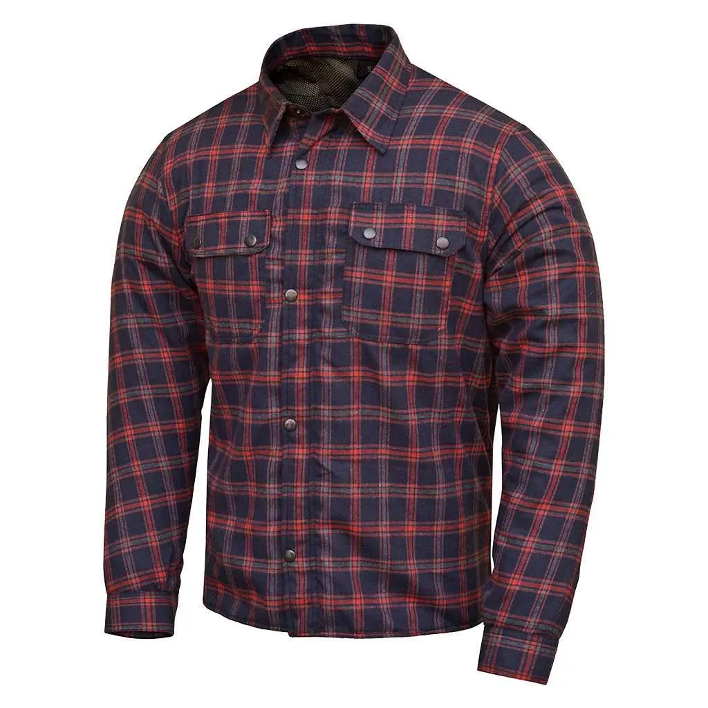 RIDERACT® Men's Motorcycle Riding Reinforced Flannel Shirt Dark Blue Red Checked