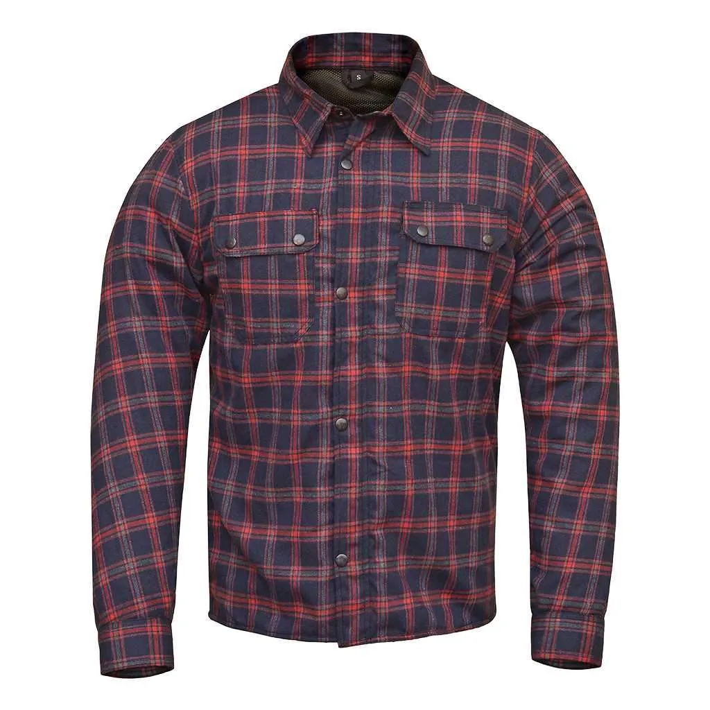 RIDERACT® Men's Motorcycle Riding Reinforced Flannel Shirt Dark Blue Red Checked
