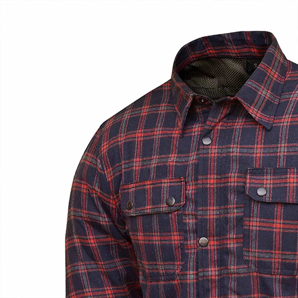RIDERACT® Men's Motorcycle Riding Reinforced Flannel Shirt Dark Blue Red Checked
