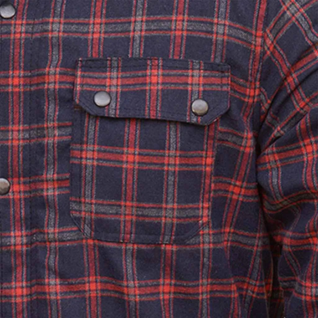 RIDERACT® Men's Motorcycle Riding Reinforced Flannel Shirt Dark Blue Red Checked