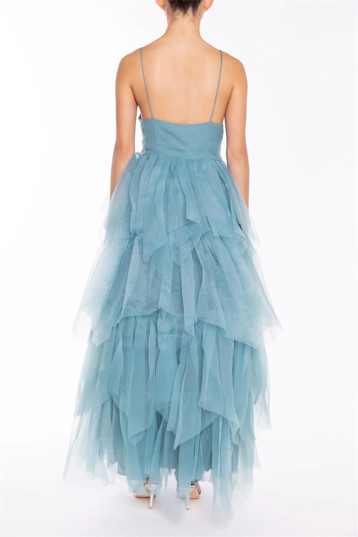Saige Mineral Blue V-neck Tiered Tulle Maxi Dress