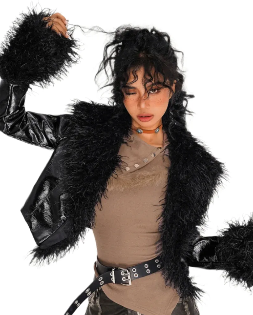 Shaggy Fur Leather Cropped Jacket