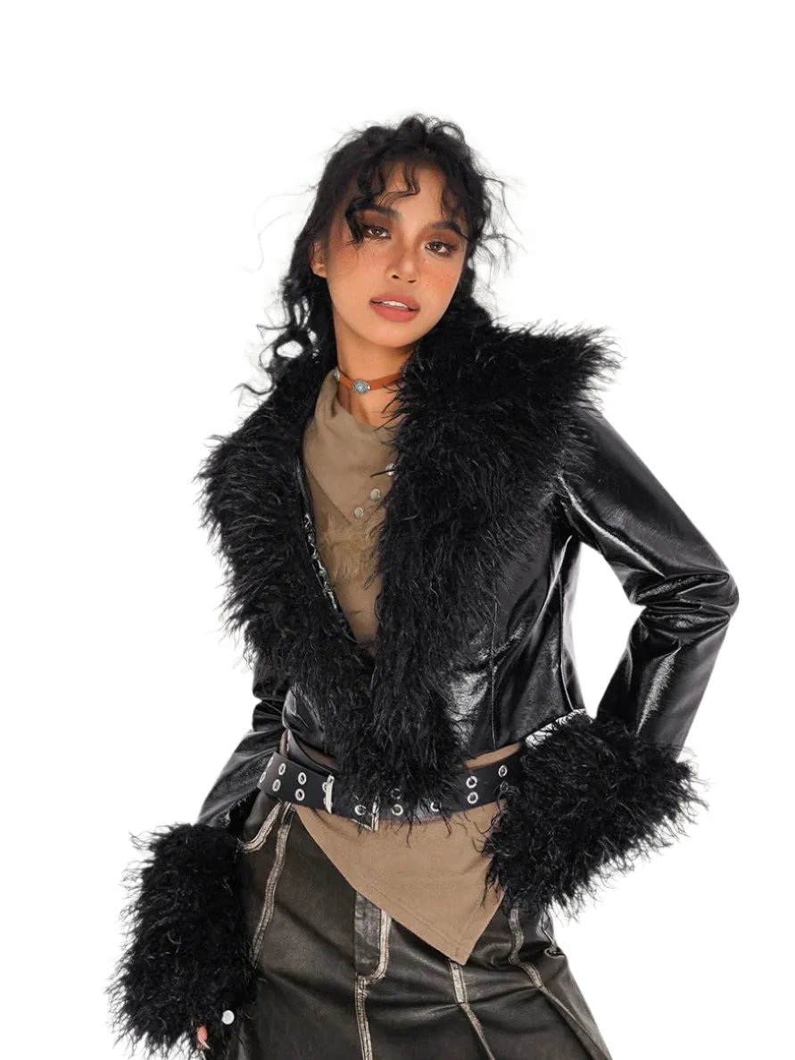 Shaggy Fur Leather Cropped Jacket