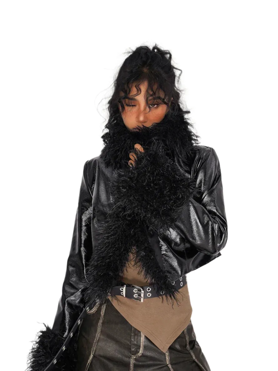 Shaggy Fur Leather Cropped Jacket