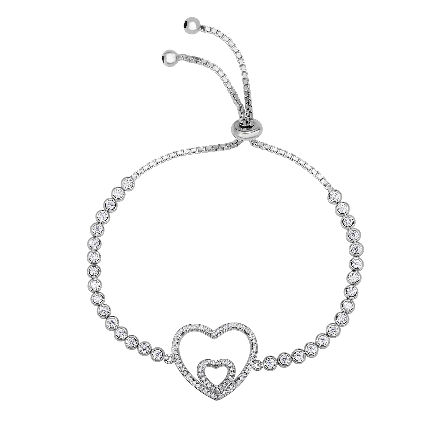 Sterling Silver CZ Double Heart Adjustable Bracelets (DC-7)