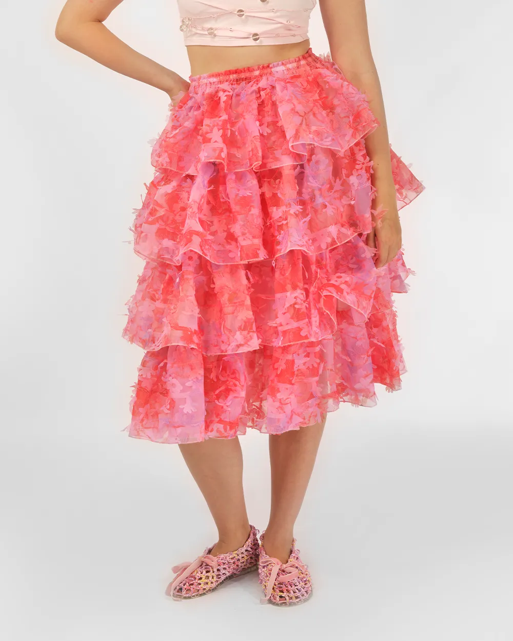 TIERED LASER-CUT RUFFLE SKIRT