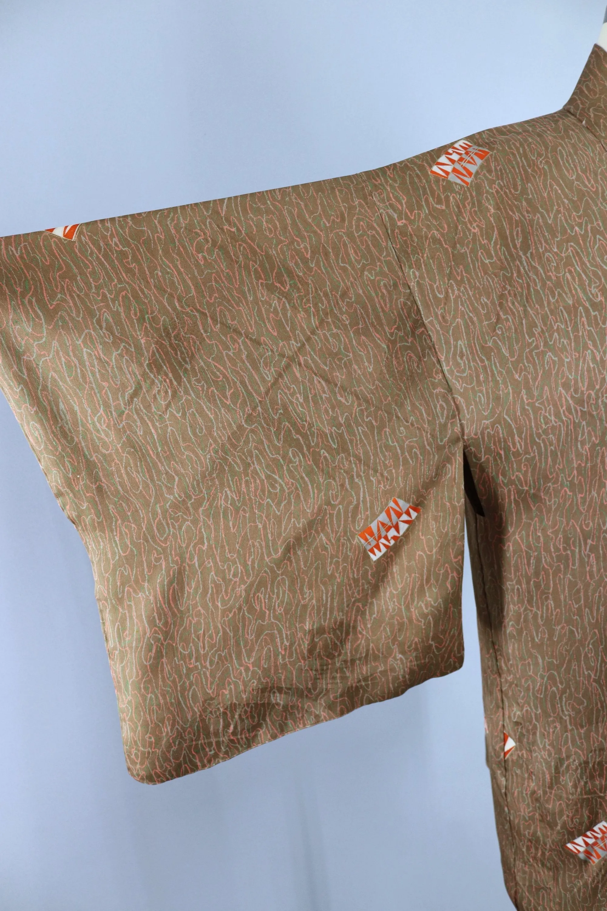 Vintage 1940s Silk Haori Kimono Cardigan Jacket / Art Deco Tan & Peach Abstract