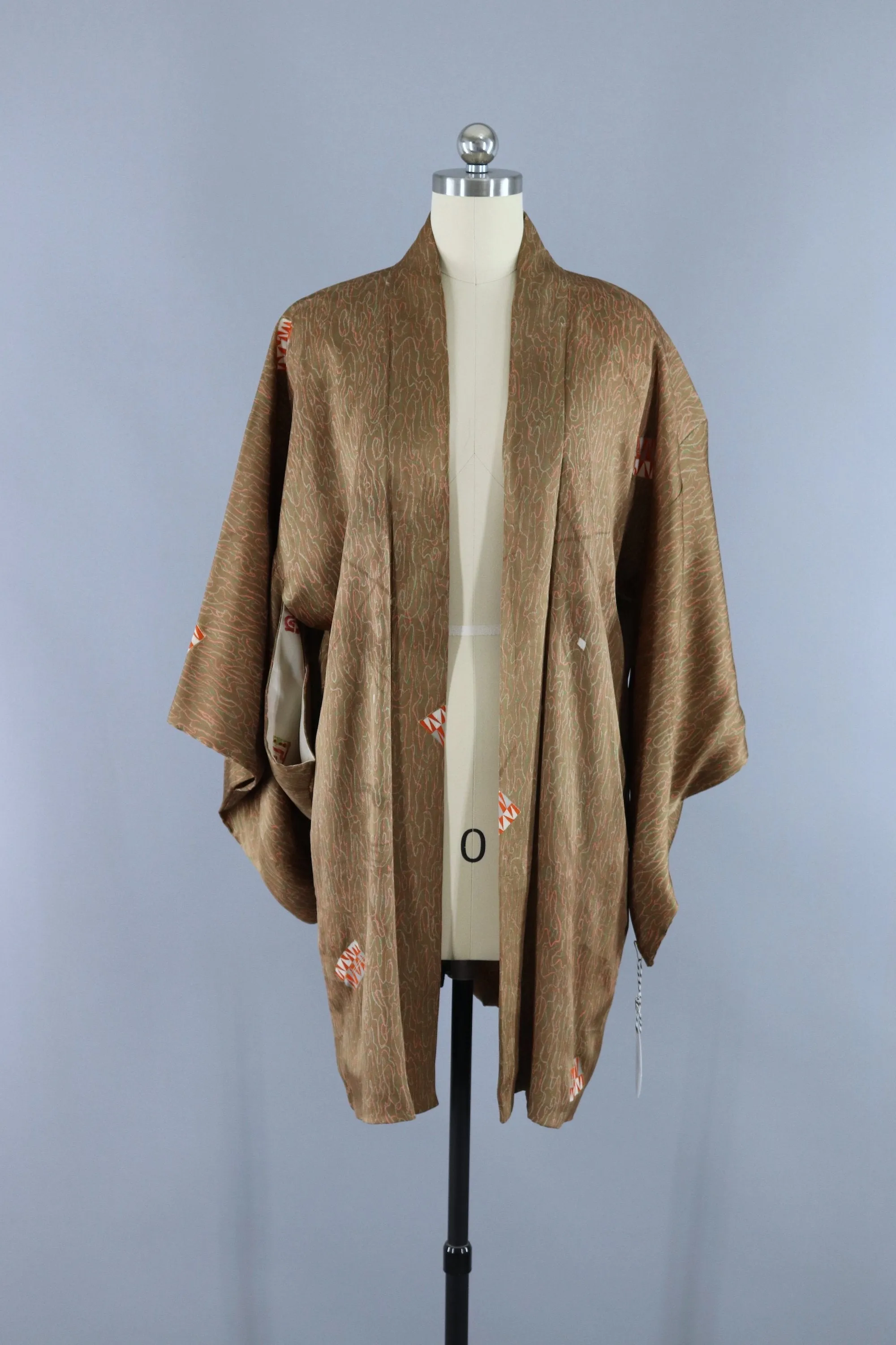 Vintage 1940s Silk Haori Kimono Cardigan Jacket / Art Deco Tan & Peach Abstract