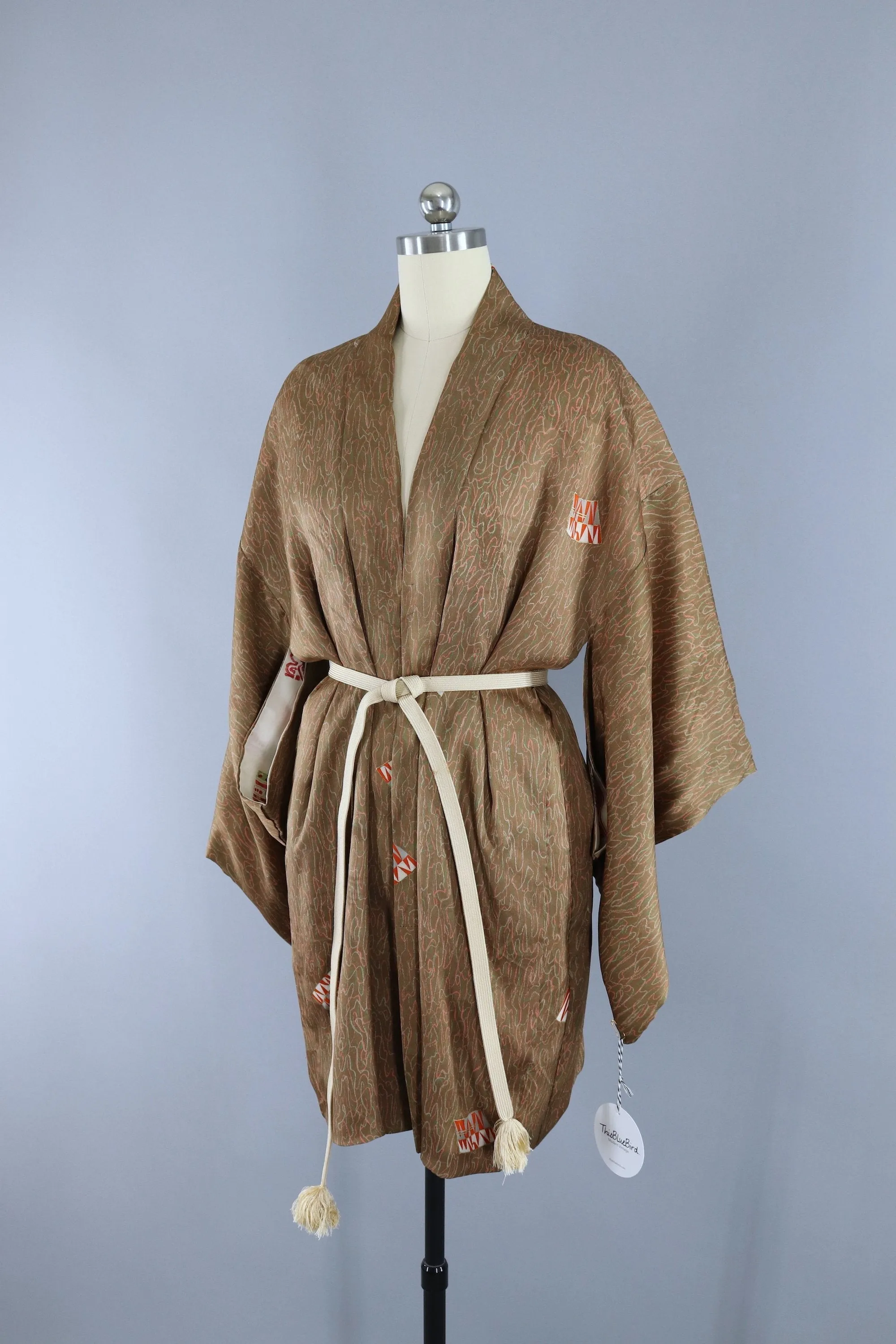 Vintage 1940s Silk Haori Kimono Cardigan Jacket / Art Deco Tan & Peach Abstract